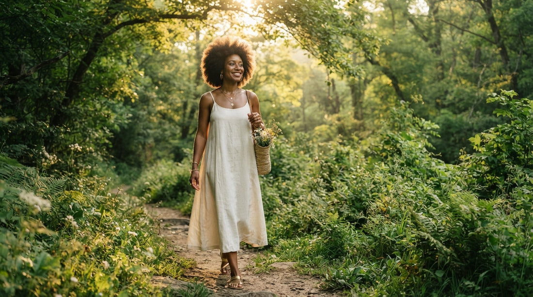 Femme marchant dans la nature, habitudes de sommeil et alimentation